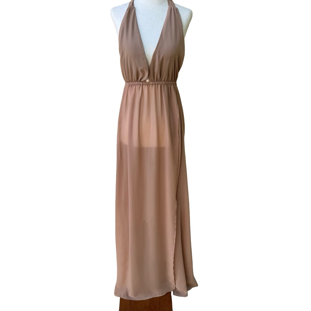 Myra Swim Sheer Resortwear Boho Halter Maxi Dress Beach Coverup Plunge Neck S